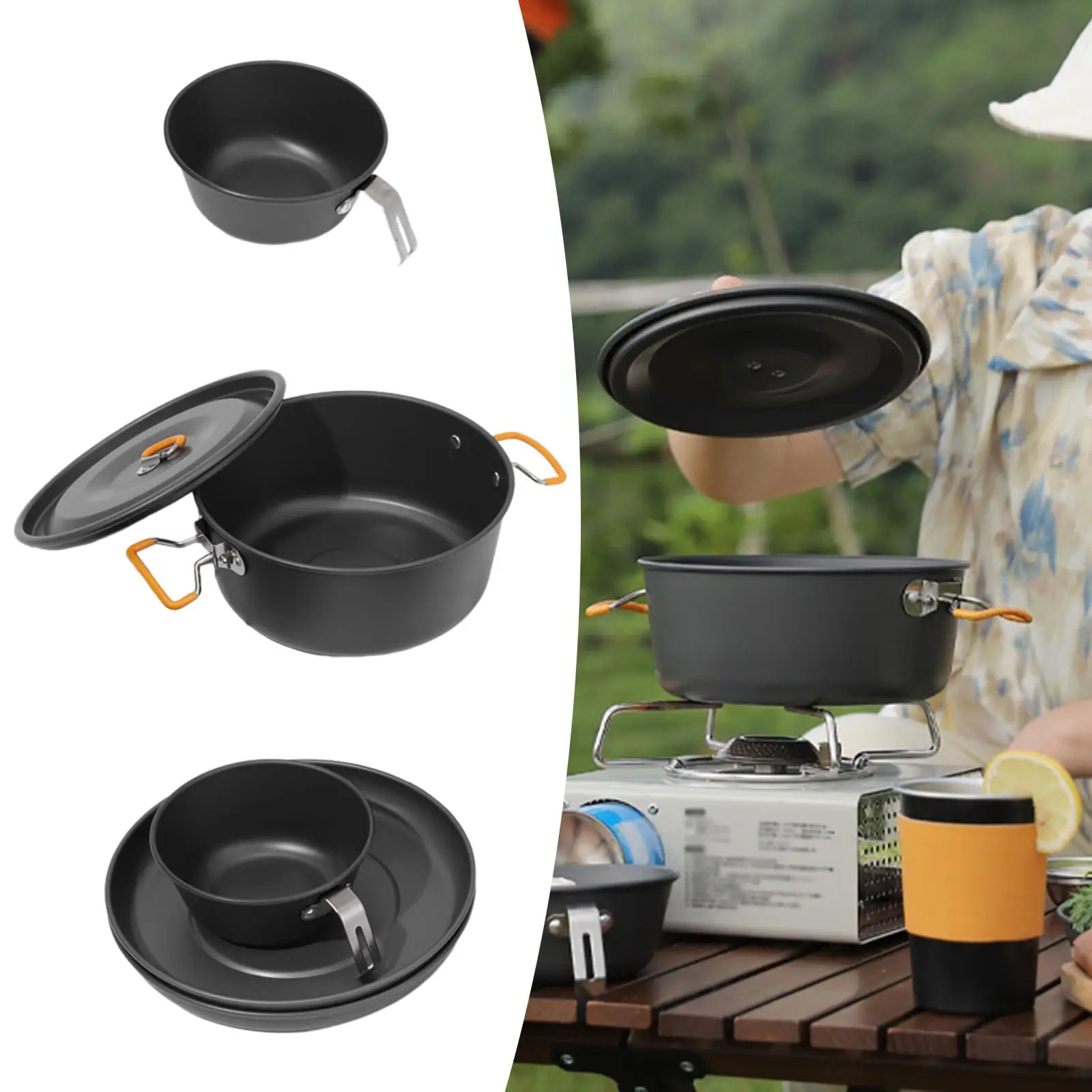 

Camping Cookware Set Handle with Lid with Frying Pan and Bowls Camping Hot Pot Cookware for Hiking Dinner Travel Fishing BBQ