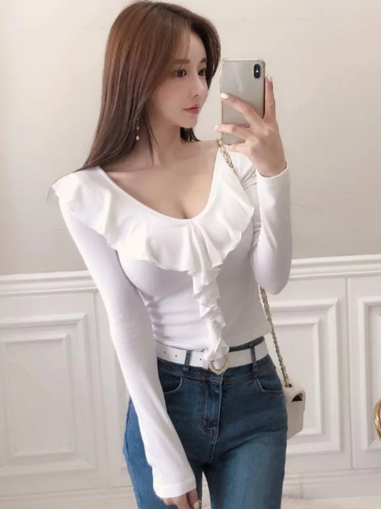 

WOMENGAGA Sweet Spicy Girl Style High Street Slim Sexy V-neck T-shirt Women's Solid Color Ruffled Long-sleeved Bottoming TopIOE3