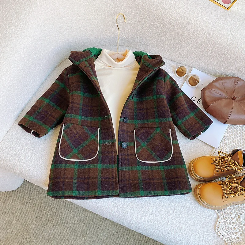 

Laura Kors New Arrivals Winter Autumn Children Long Sleeve Brown Plaid Hooded Brown Casual Sweater Child Clothes 18M-7T