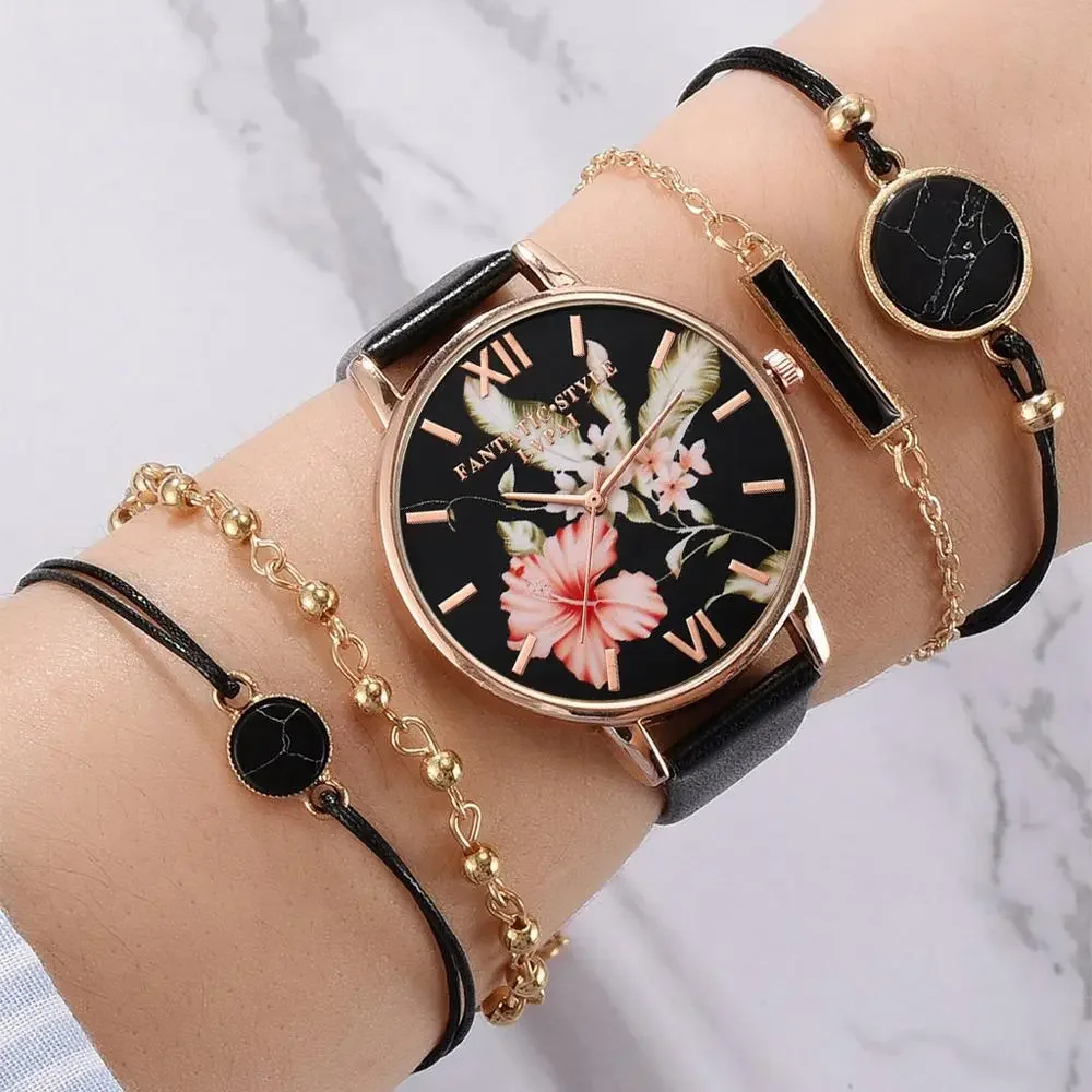 5pcs set Women Watches Bracelet Black Ladies Bracelet Watch Casual Leather Quartz Wristwatch Clock Relogio Feminino