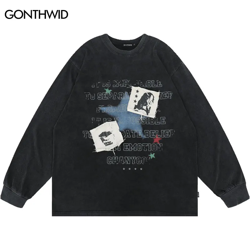 

Винтажная футболка в стиле хип-хоп с вышивкой и надписью, уличная одежда, футболка в стиле панк и готическое мытье, Модные свободные рубашки с длинным рукавом, 2023