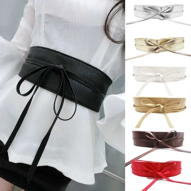 

1PC Fashion Spring Autumn Women Lady Fashion Metallic Color Soft Faux Leather Wide Belt Self Tie Wrap Waist Mujer Dress