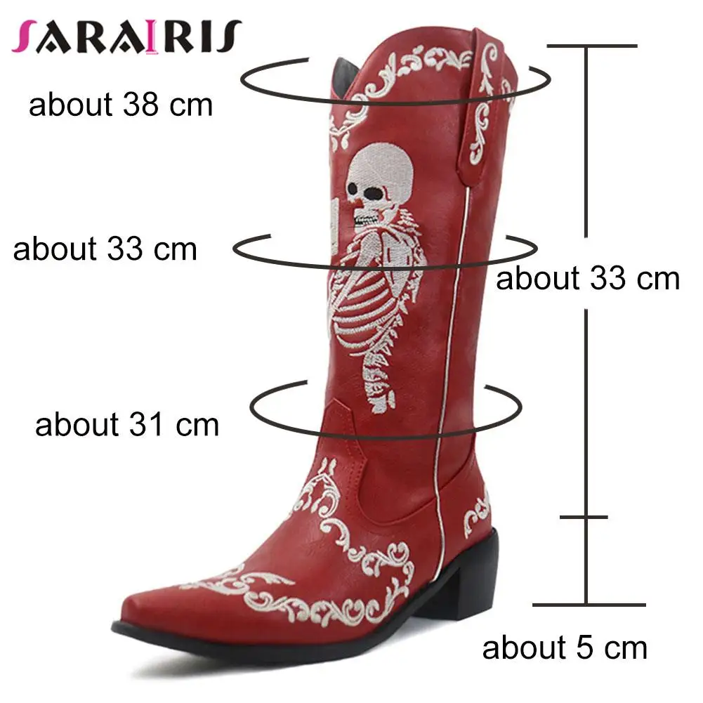 New Plus Size 48 High Heeled Women Boots Mid Calf Chunky Platform Cowboy Cowgirl Boots Retro Skull Embroidery Fashion Rome Shoes images - 6