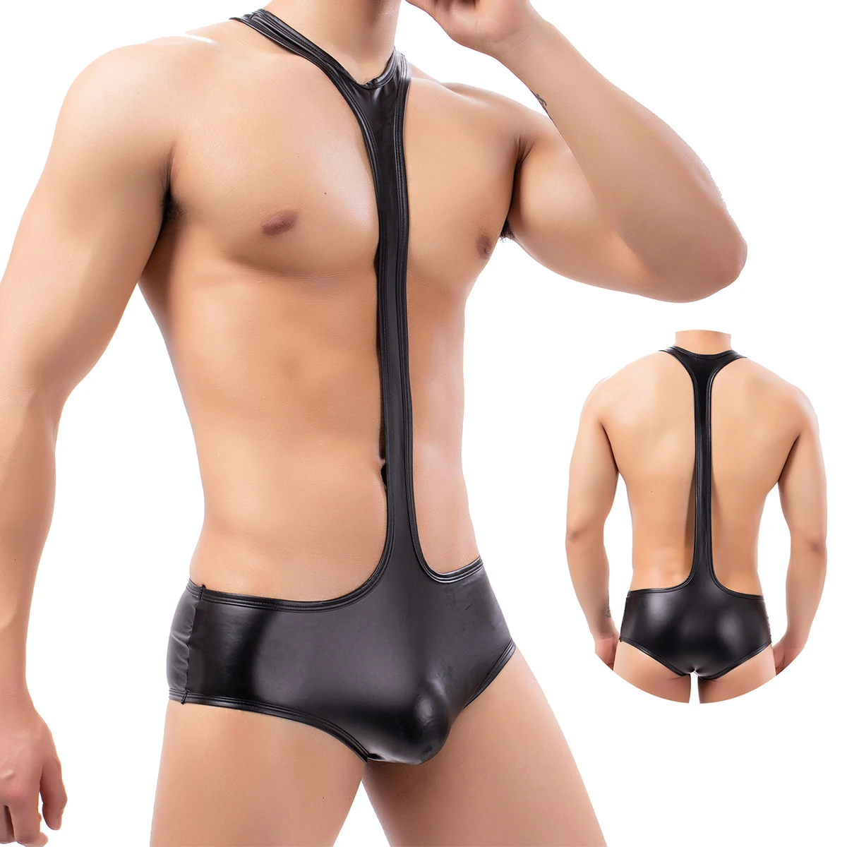 

Mens Bodysuit Wrestling Singlet Big Penis Pouch Gay Jumpsuit PU Leather One-Piece Leotard Body Shaper Undershirt Thong Underwear