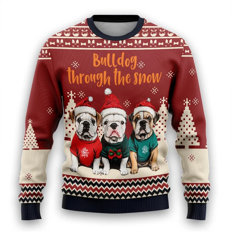 Cute Dog Through The Snow 3D Print Ugly Christmas Sweater For Women Clothes Casual Yorkie Dalmatian Bernese Sweatshirts Pullover