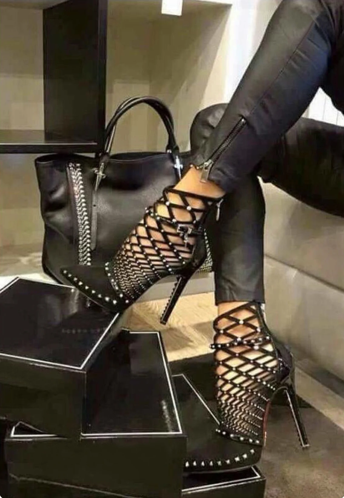 

116026 Fashionable Design Women's Summer Boots Riveted Cross Mesh Hollow Out Thin High-heeled Boots Black Sexy Nightclub Sandals