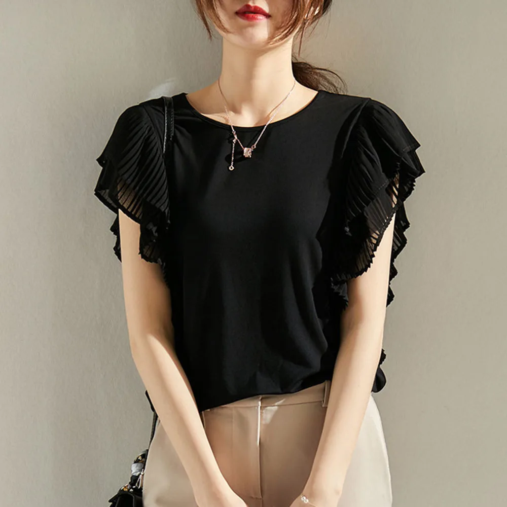 

Women Summer Ruffle Blouse Pleated Stylish Slim T-shirt Tops Skin-friendly Tees Korean Office Lady Elegant Shirt Black Fashion