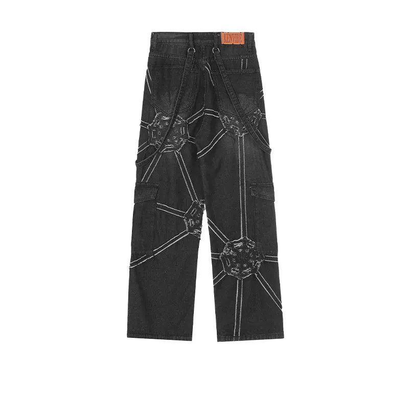 Men's 2023 Spring New American High Street Personality Ribbon Splice Spider Web Pattern Hip Hop Workwear Jeans
