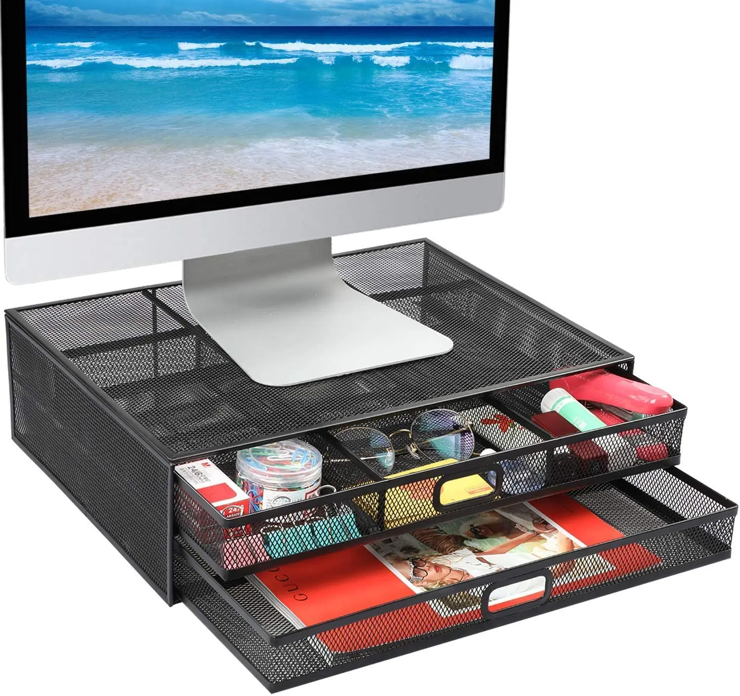 Monitor Stand Riser Drawer - Mesh Metal Desk Organizer with PC, Laptop, Notebook, printer Holder with Pull Out Storage Drawer