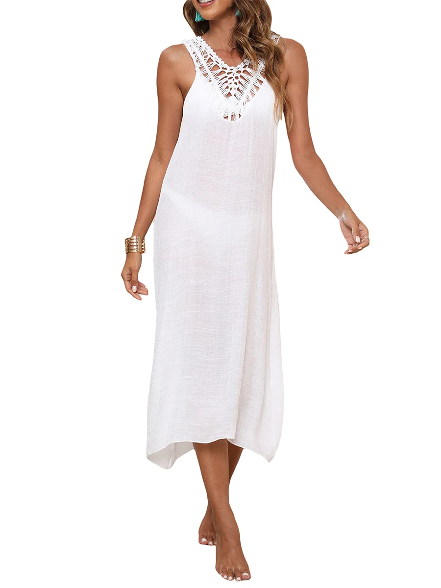 

Women s Summer Bikini Cover-Up Solid Color Knitting Crochet Perspective V-Neck Back Strappy Loose Tank Dress