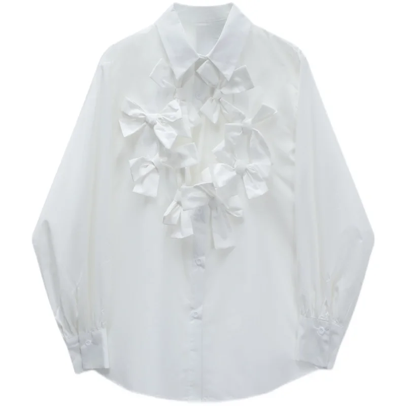 

SuperAen 2022 Blue Bow Patchwork Hollow Solid Turn Down Collar Full New Sweet Loose All Match Women Shirts