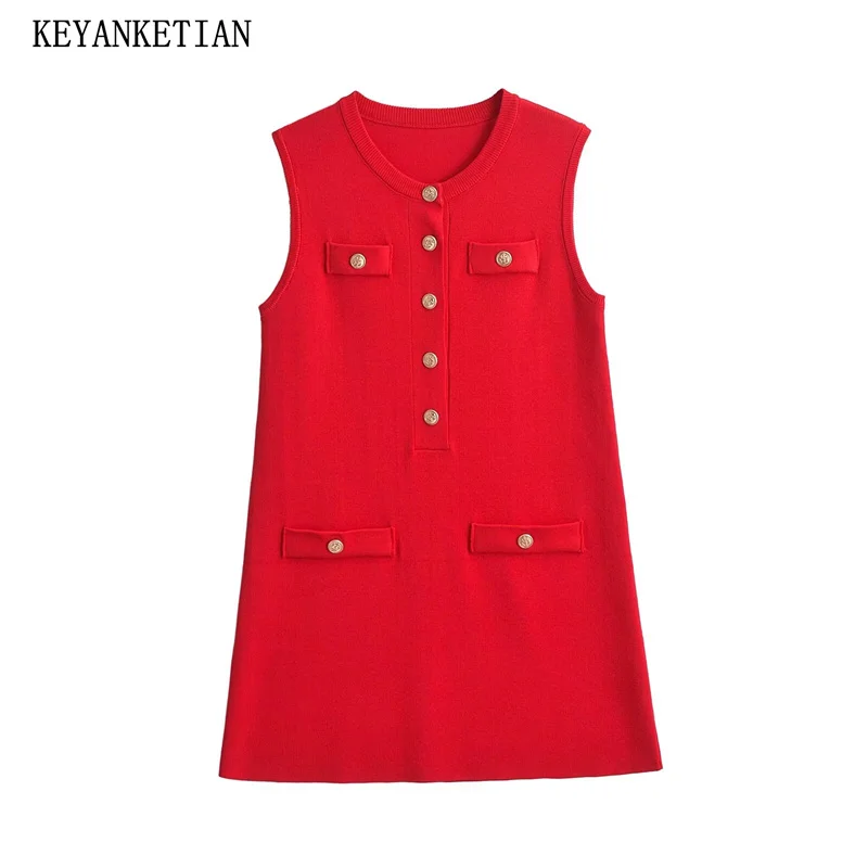 KEYANKETIAN новинка 2024 женское Красное трикотажное платье корейское элегантное