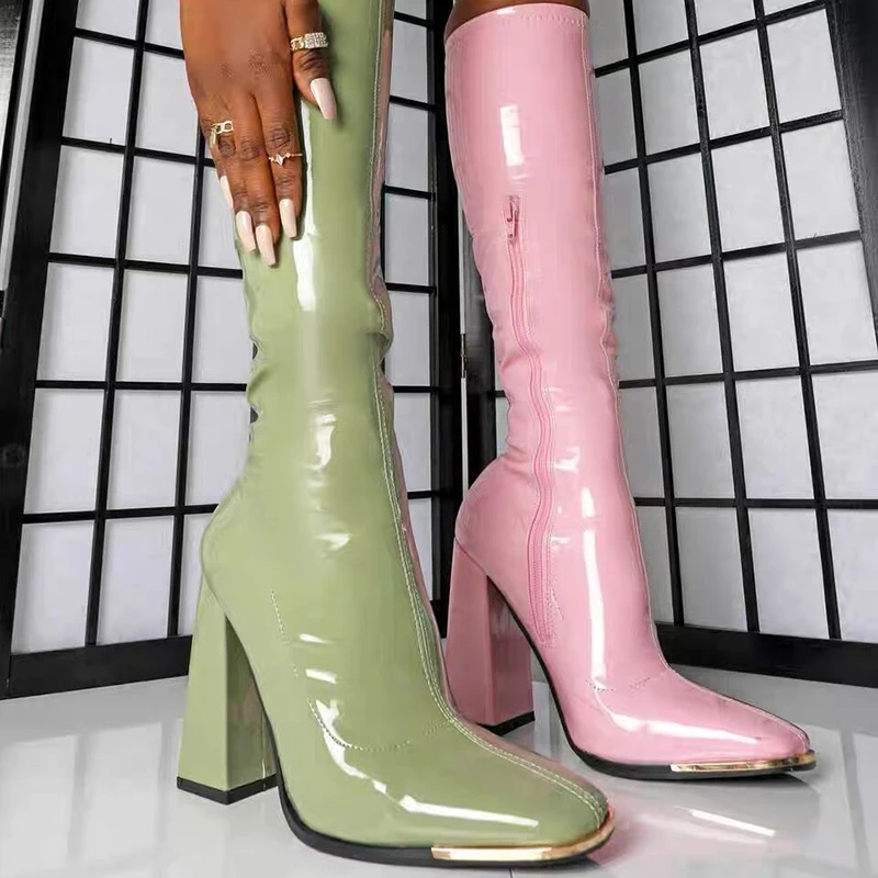 ZOOKERLIN Metal Square Toe Side Zipper Patent Leather Women's Boots Winter Solid Color Fashion Sexy Boots Slim Thick High Heels