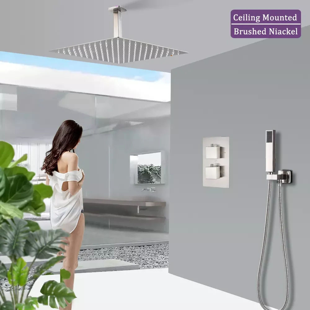 

Brushed Thermostatic Shower Faucet Set Dual Handle Ceiling Mounted Square Rainfall With Handshower Concealed Gold Bathroom Tap
