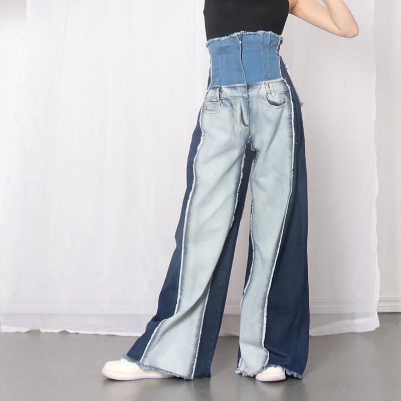S-2XL women Wide leg jeans Floor length pants high waist loose slim thin Color matching flared trousers