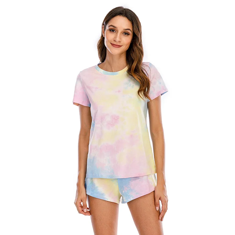 New Summer Tie-Dyed Short-Sleeved Shorts Two-Piece Pajamas Suit, Round Neck Leisure Home Clothes