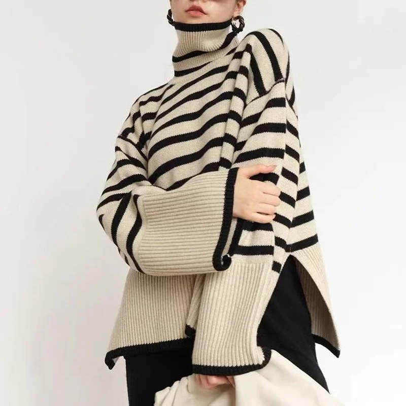 

Striped turtleneck sweater women's 2022 new spring and autumn loose design niche knitted sweater pullover coat y2k clothes