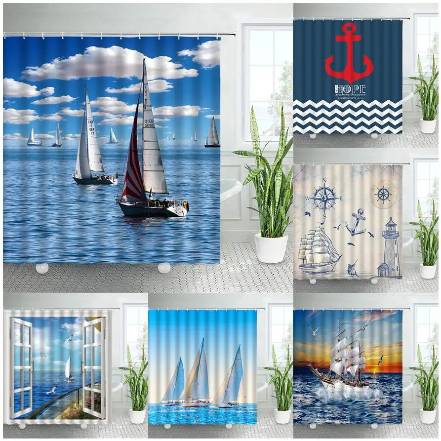 

Sailing Anchor Nautical Shower Curtain Set Ocean Wave Boat Nature Landscape Bath Curtains Waterproof Fabric Bathroom Decor Hooks