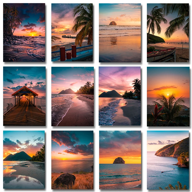 Холст с изображением Карибского заката розового неба пляжа морского океана