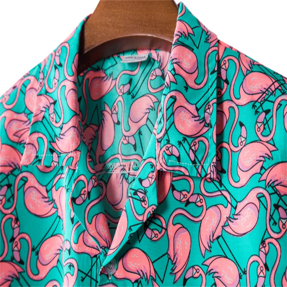Hawaiian Flamingo Print Beach Shirts Seaside Vacation Quick-drying Clothes Loose Floral Tops Men's Short-sleeved Casual Blouse