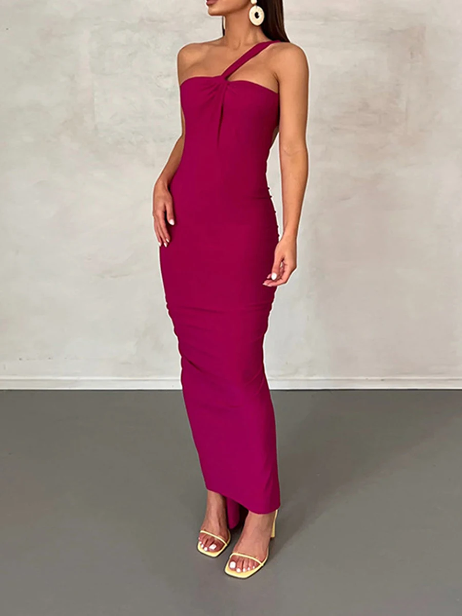 

New Fashion Womens Bodycon Long Dress One Shoulder Sleeveless Backless Solid Color Party Dress Club Street Style Hot Sale S M L