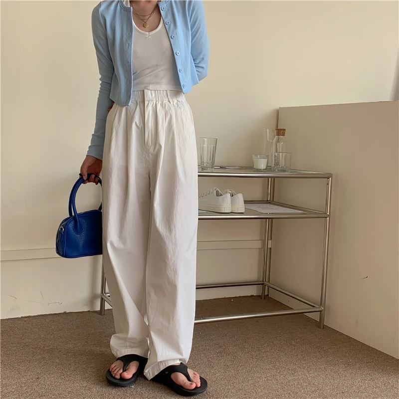

Korean Style Women Pants Fahion Solid Elastic Waist Loose Pants Casual Straight Wide Leg Mopping Trousers Female Hip Hop Wear
