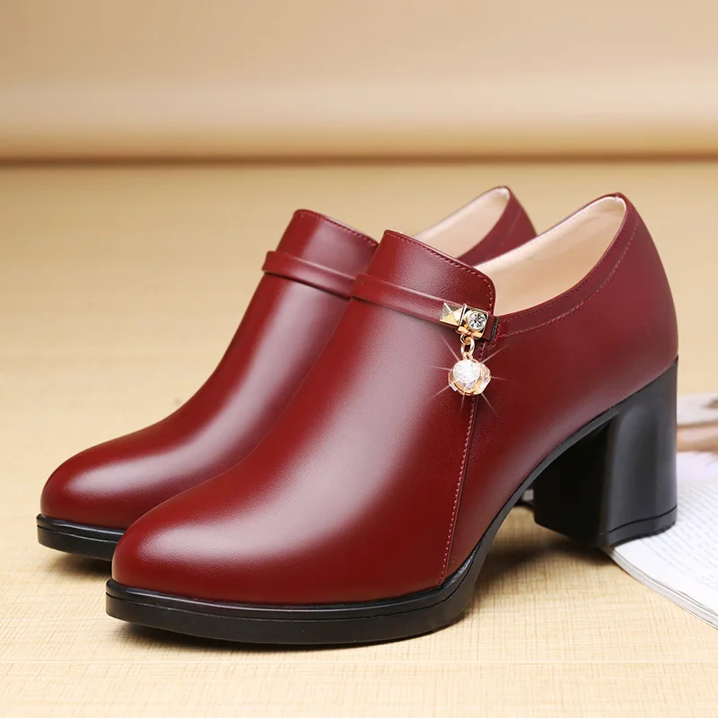 

Plus Size Autumn Fashion Women Pumps Solid Round Toe 5CM Thick High Heels Zipper Shallow Casual PU Leather Womans Pumps Shoes