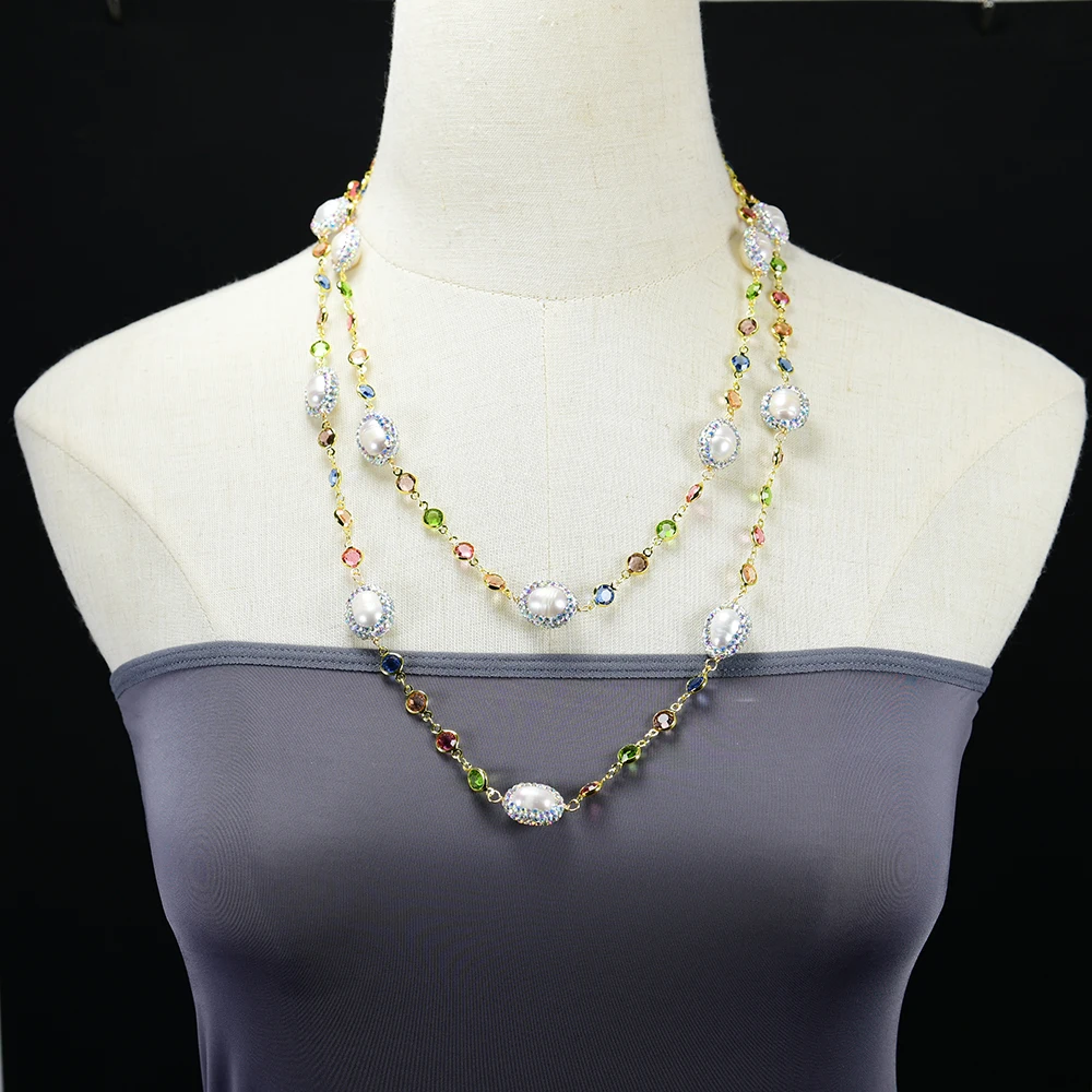 

GG Jewelry Freshwater Cultured White Rice Crystal Paved Mix Color Crystal CZ Micro Rosary Chain Long Necklace 48'' Lady Jewelry