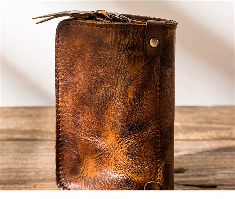 Retro fashion high quality natural genuine leather men's and women's short wallet outdoor daily real leather storage key case