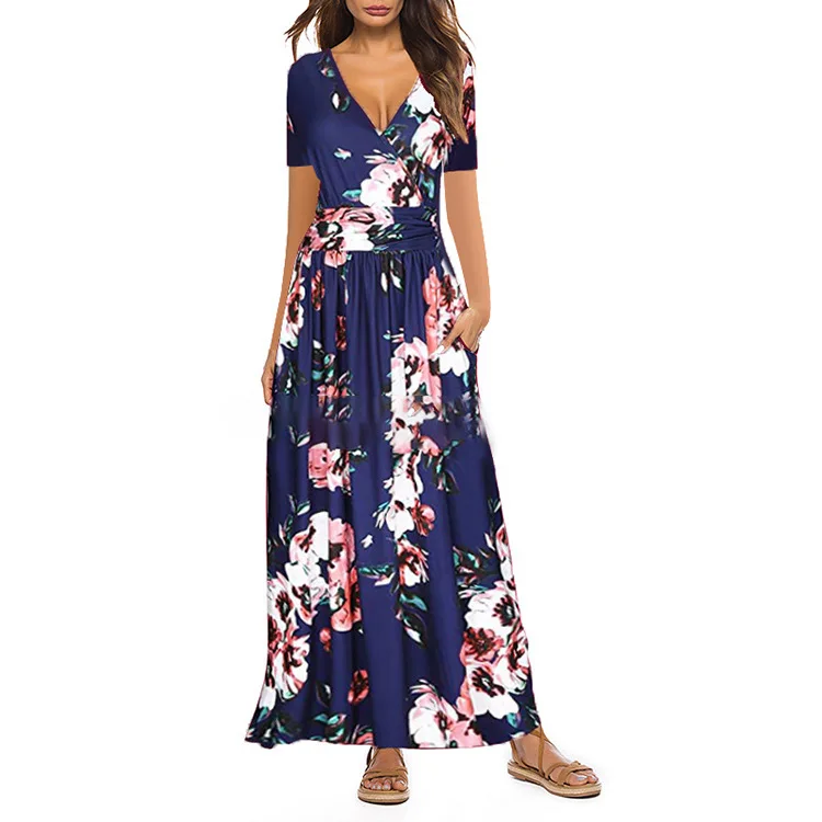 

2023 Spring/Summer Women's casual V-neck print elegant waist pocket dress