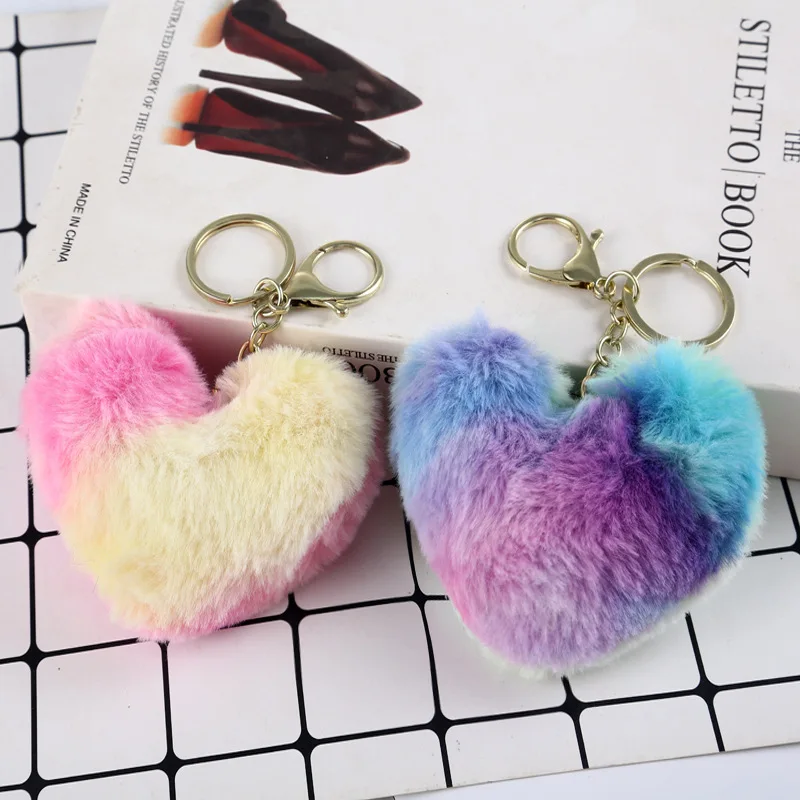 

Fluffy Colorful Plush Heart Pompom Keychains Multi Color Pendant Balls Key Chain Ring Women Girl Keyring Charm Bag Jewelry Gift