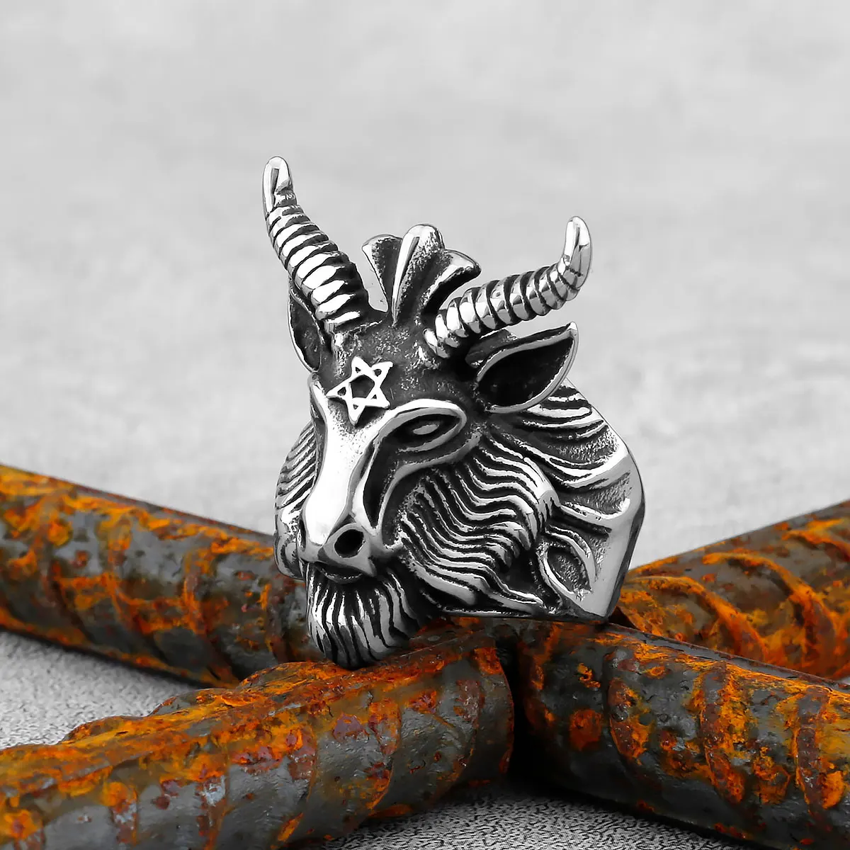 

Vintage Satan Sign Pentagram Goat Head Ring Punk Gothic Style High Quality Metal Satan Goat Ring Charm Men's Punk Biker Jewelry