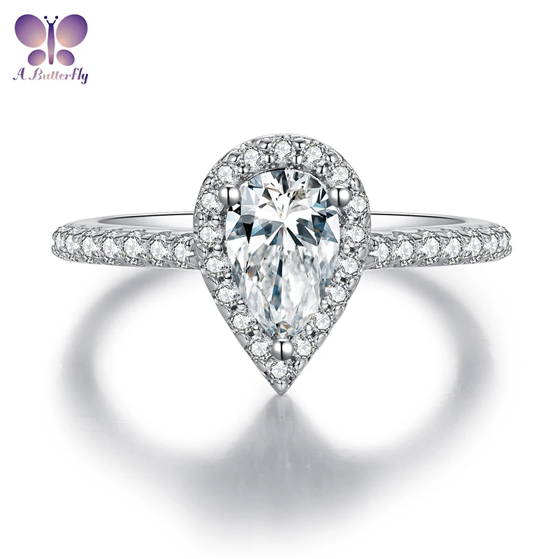 

AButterfly 100% Sterling Silver D Color Pear Moissanite Ring 1.0 Ct Fine Craftsmanship Women Wedding Jewelry Wholesale