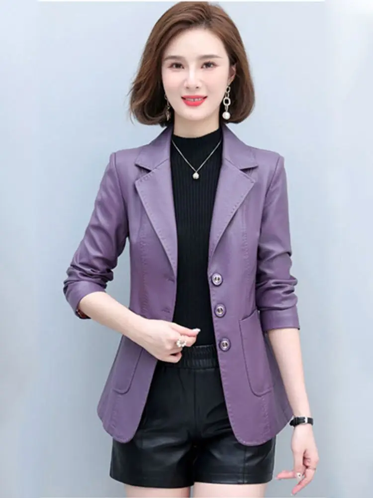 New Women Sheepskin Blazer Spring Autumn Fashion Suit Collar Long Sleeve Slim Waist Leather Jacket Split Leather Short Coat
