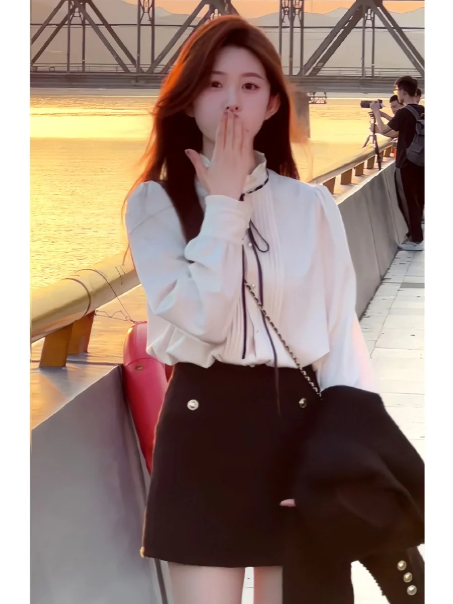 French sle Palace Sle Bow Lace-up White Shirts Women Early Autumn New Design Sense Western Fashion Beautiful Top