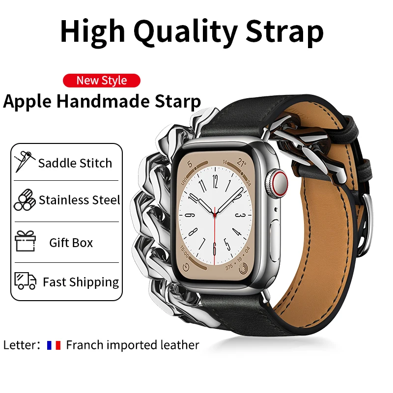 Top Quality New Design Leather Band for Apple Watch 8 Ultra 7 6 SE 5 4 3 49mm 45mm 41mm Iwatch Strap Steel Bracelet  Double Tour