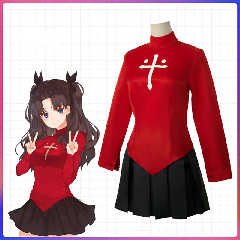 Фото Fate Stay Night Tohsaka Rin Аниме Косплей Костюм Комплект - Красная Рубашка Юбка Женское Платье на Хэллоуин с Головным Убором для Ролевых Игр №2