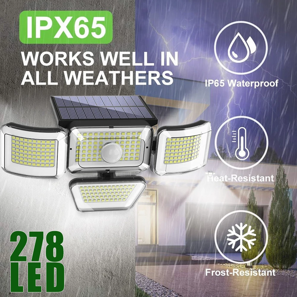 

Усветильник ная лампа на солнечной батарее с датчиком движения, 278 светодиодов, 3 режима