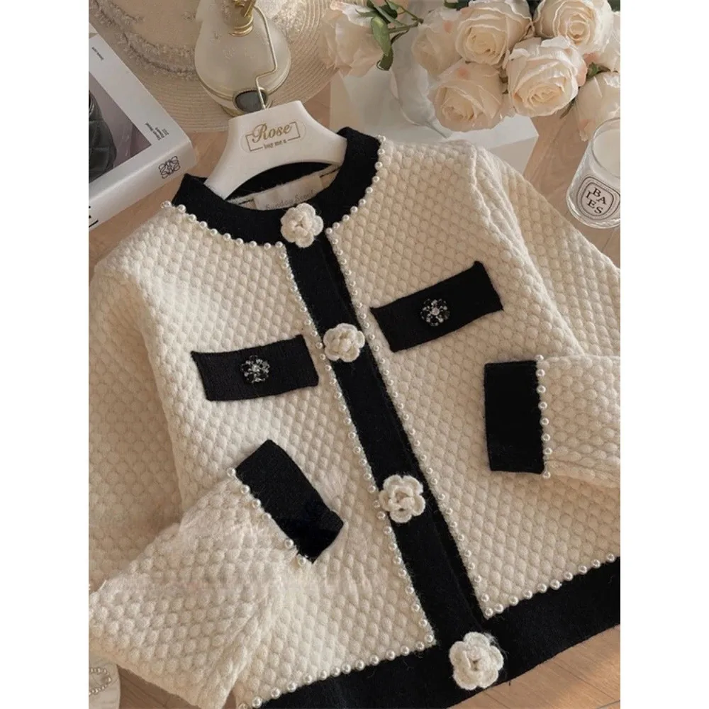 

Женский винтажный свитер, вязаный Топ с длинным рукавом, с 3d цветочным рисунком и бусинами, элегантный Укороченный кардиган во французском стиле, Y2k, зима