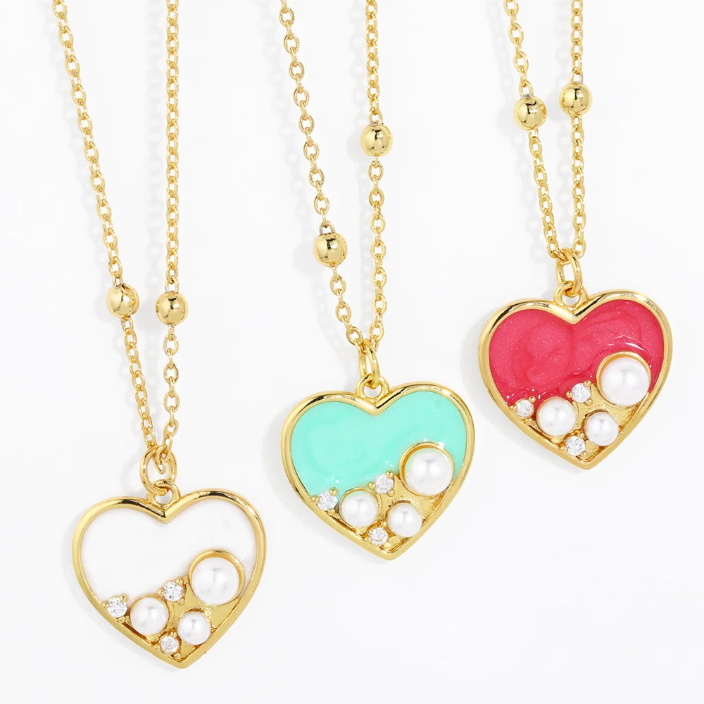 

FLOLA Enamel Colorful Heart Necklaces for Women Pave Mini Pearl Heart Beaded Necklaces Gold Plated Jewelry Lover Gifts nkeb776