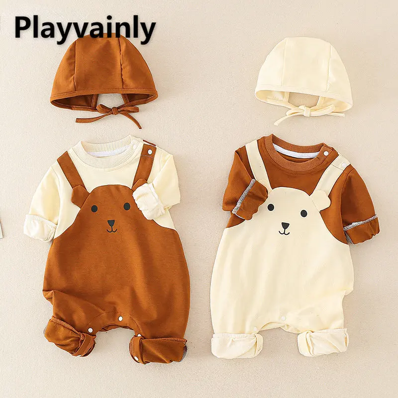 

Новый весенний комплект для маленьких девочек и мальчиков, комбинезон на бретелях с круглым вырезом и длинными рукавами в стиле пэчворк с маленьким медведем + шапочка, комплект из 2 предметов для младенцев, E22003