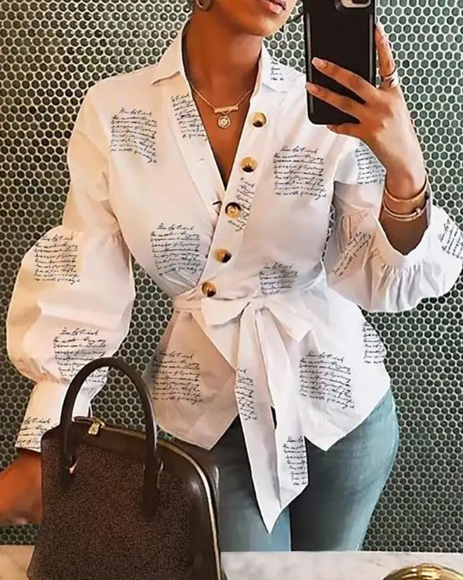 

Lantern Sleeve Buttoned Surplice Wrap Printed Blouse