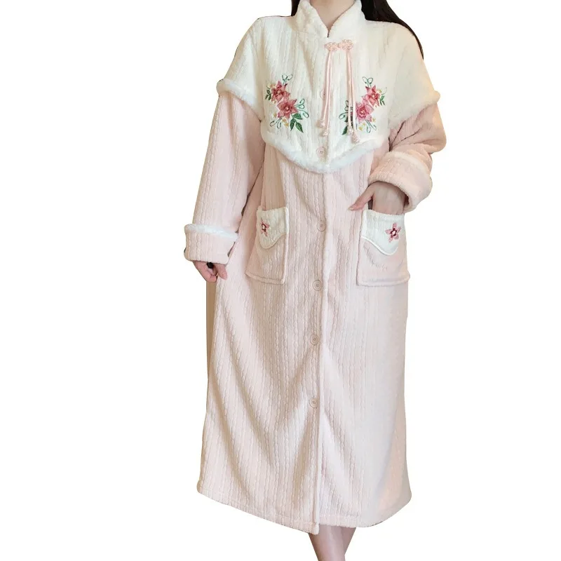 Retro warm sleepwear 2025 new Chinese style buckle Cardigan nightgown flower embroidery winter dress elegant pajamas FG662 (art.: 3920cb109273a) - 3920cb109273a