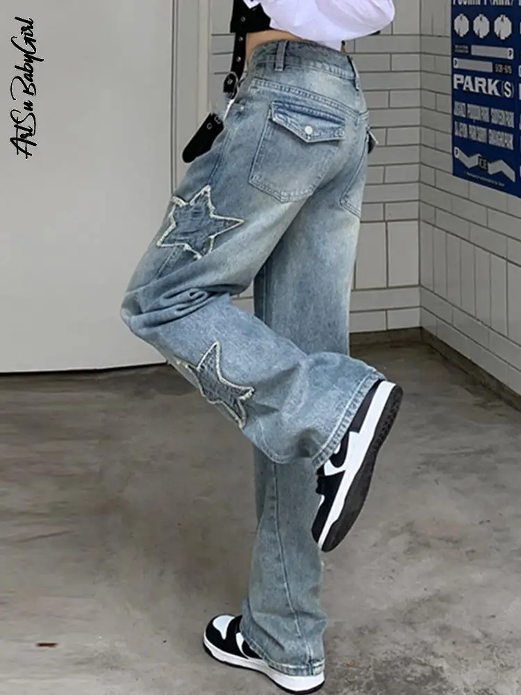 

Женские джинсы со звездами Y2K, штаны пэчворк, женские прямые джинсовые брюки с карманами и низкой посадкой, винтажная Повседневная Уличная одежда, раньше 90s