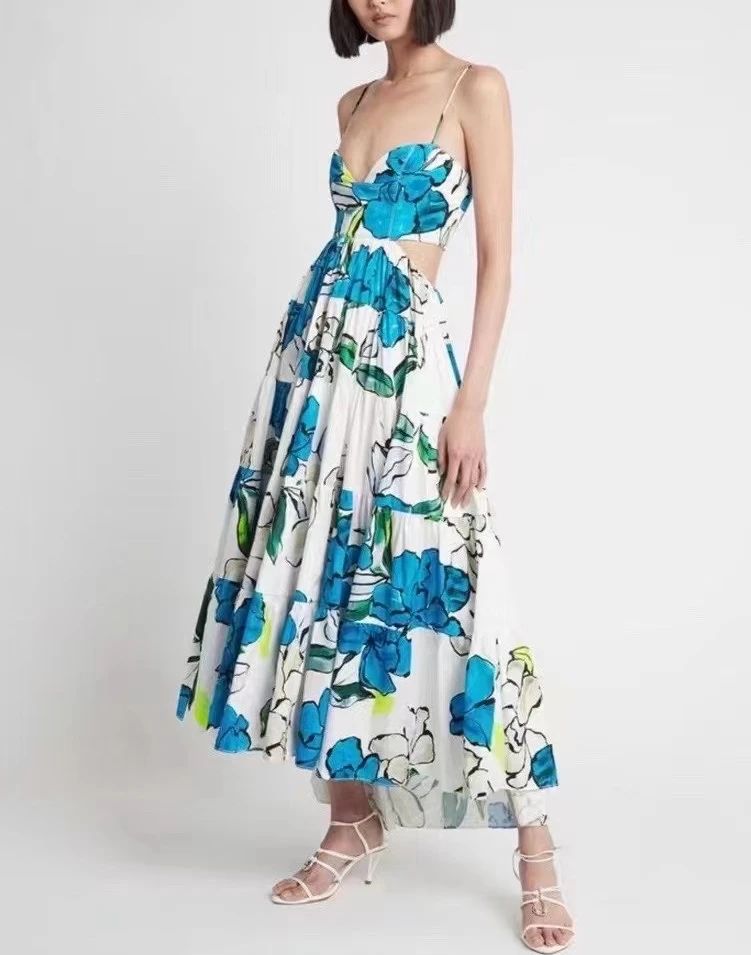 

2022 высококачественное женское модное синее платье миди без рукавов с открытой спиной