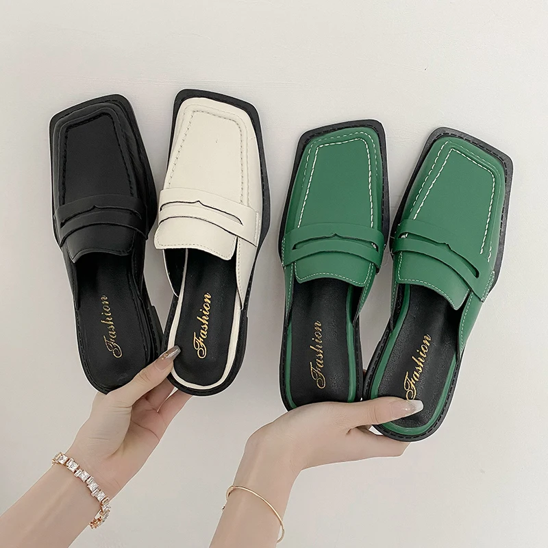 

Med Cover Toe Shoes Woman's Slippers Square heel Slides Loafers Female Mule 2022 Block Mules Soft Cotton Fabric Hoof Heels Rome