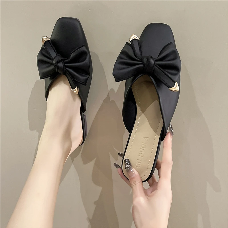 

Женские босоножки без задника, повседневные сандалии на плоской подошве, с квадратным носком, с бантом, дизайнерские туфли, лето 2023