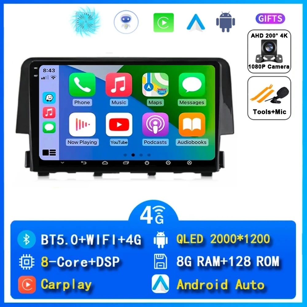 

Для Honda Civic 10 2016 2017 2018 2019 2020 Android 15 Автомобильный радиоприемник Стерео Мультимедийный видеоплеер GPS Беспроводной Carplay Головное устройство