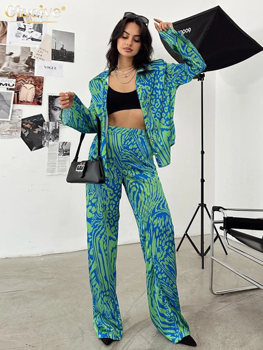 

Clacive Fashion Long Sleeve Shirt Womens 2 Piece Outfit Set Elegant Loose Print Trousers Suits Casual High Waist Wide Pants Set
