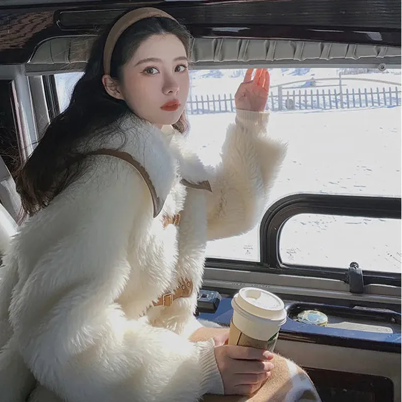 2021 New Winter Cute Warm Faux Fur Coat Women Mid-Length Loose Fur Jackets Fashion Preppy Style Long Sleeve Female Fur Outerwear